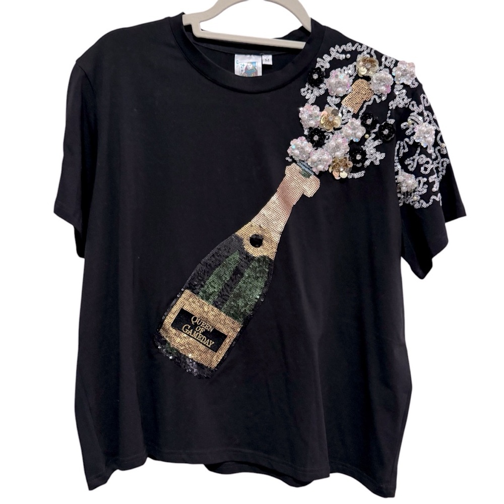 QUEEN OF SPARKLES Black Top with Champagne Sequin Design